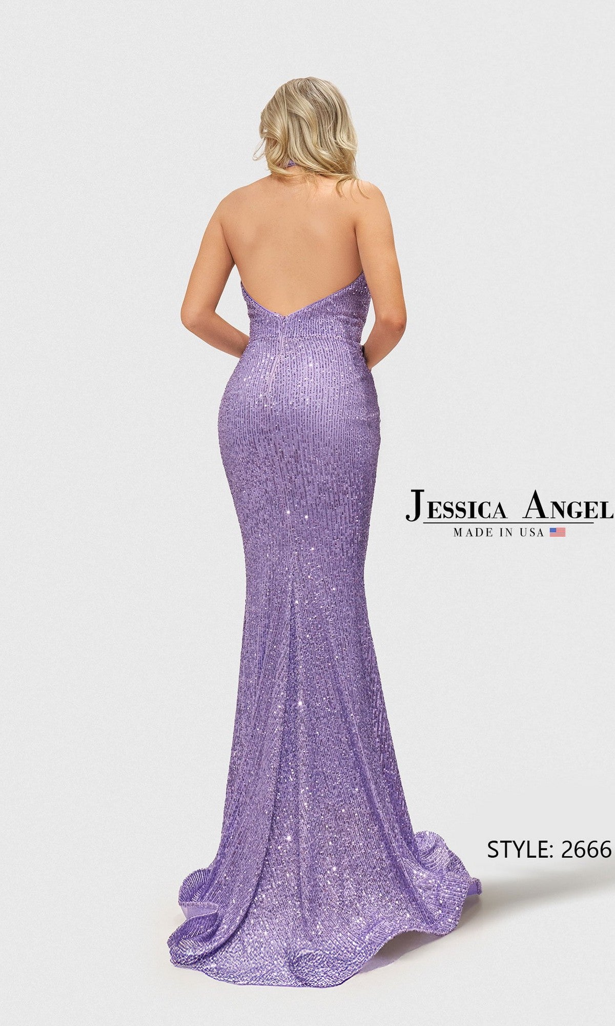 A woman wears the Long Prom Dress: Jessica Angel 2666, a strapless lilac sequin gown with a fitted silhouette and slight train. She stands facing away.